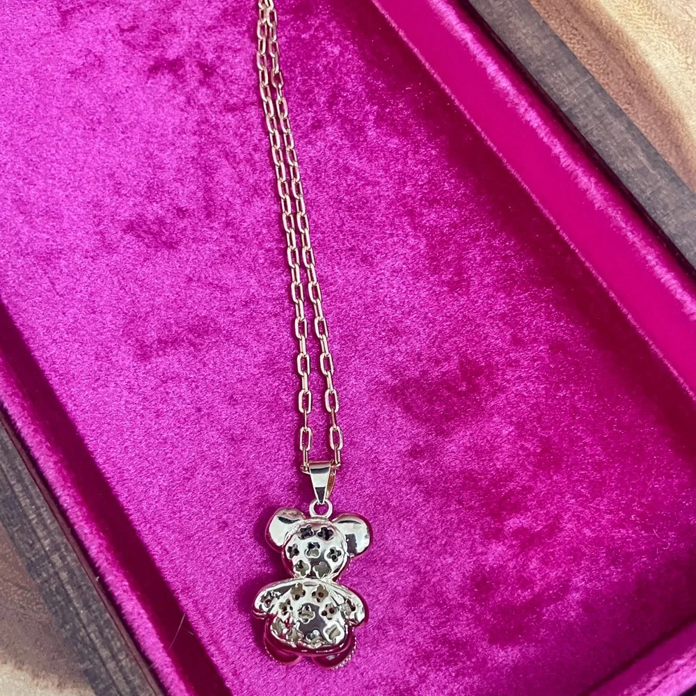 Iced Out Teddy Bear Paperclip Necklace 18K Yellow Gold Filled NWOT